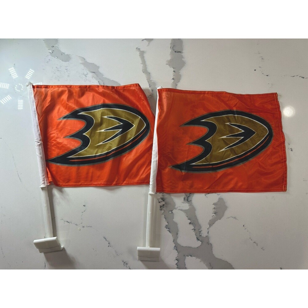 (2) Anaheim Ducks Logo Orange Gold Black Car Window Pole Flag Hockey NHL 13x11